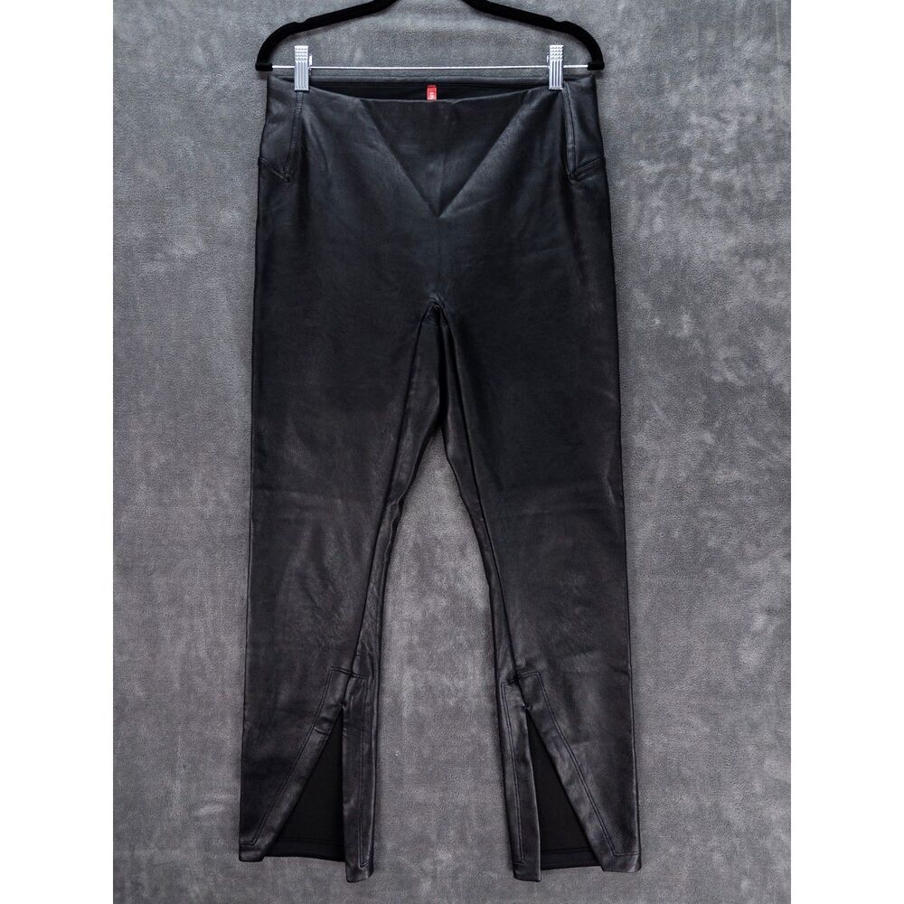 SPANX Faux Leather Leggings Black High Rise Front Slit Ankle Womens Large Petite